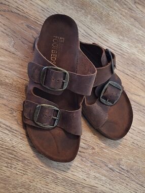 White Mountain Brown Double Buckle Leather Slide Sandals - 8